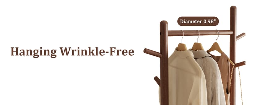 Solid Wood Coat Rack with Fabric Basket - Coat Hanger Stand Coat Tree Rack Freestanding with 9 Hooks Wheels, Small Clothes Rack For Entryway Bedroom Hallway Living Room