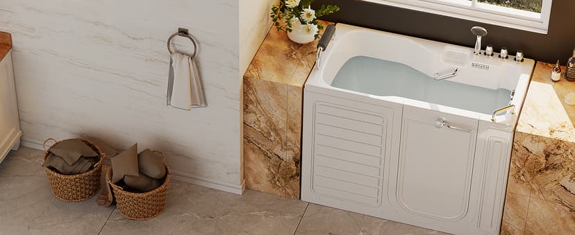 Empava Walk-In Tub, Japanese Soaking Bath, Right Outward Door, Low Threshold, Slip-Resistant, Built-in Seat, Fast Drain, Handrails, Easy Access for Seniors & Mobility-Impaired,54"