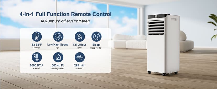 Portable Air Conditioners 8,000 BTU Air Conditioner Portable for Room up to 365 Sq.Ft. Portable AC Unit with Remote Control 4 Modes Dehumidifier Window Mount Kit (8000-07E)