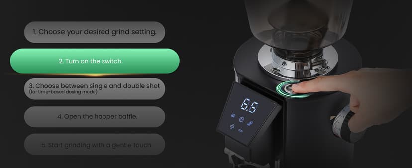 Huanyu Commercial Coffee Grinder with Touching Screen Infinite Adjustment 8 Grinding Settings Burr Coffee Grinders for Shops with Dual Dosing Modes