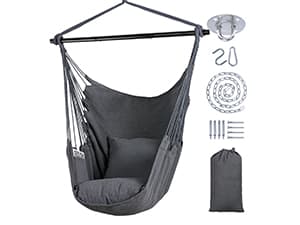 SUNCREAT Patio Swing Chair with Stand and Cushion, Heavy Duty Hanging Chair with Stand for Bedroom, 330 lbs Capacity, Patent Pending, Beige