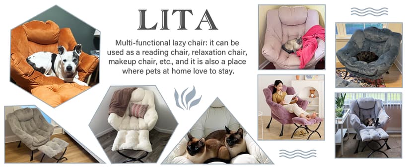 LITA Lazy Chair with Ottoman, Modern Accent Leisure Upholstered Lazy Sofa Armchair, Contemporary Lounge Reading Chair with Armrests and a Side Pocket for Living Room, Bedroom & Small Space, Dark Grey