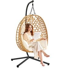 Hanging Egg Chair with Adjustable Footrest & Stand, Wicker Rattan Swing Hammock Chair with Cushion & Double Chains, 350LBS Capacity for Outdoor & Indoor Patio, Deck, Bedroom, Balcony (YE-BE)