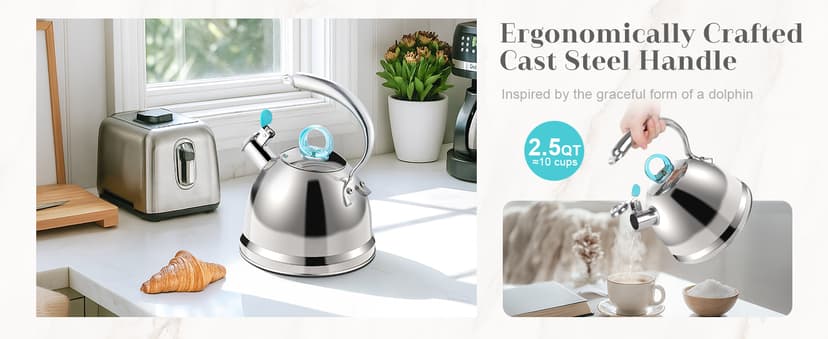 Harriet Tea Kettle Stovetop, 2.5 Quart Whistling Stainless Steel Tea Pot, 3-Layer Base, Unique Ergonomic Handle, Includes Pot Holder & Mat, Electric/Induction/Gas Stovetops Applicable, Mirror Finish