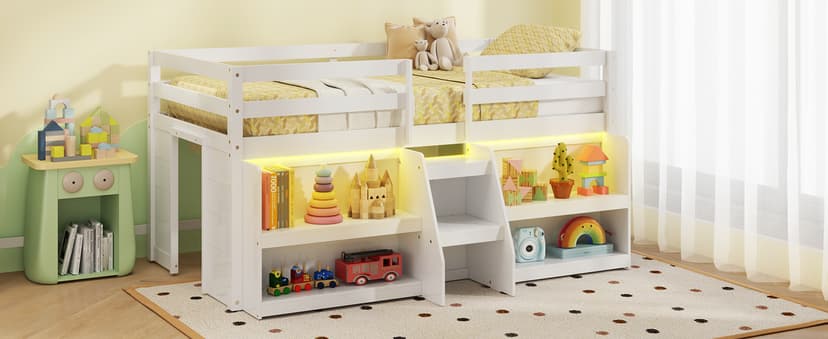 Giantex Low Loft Bed with LED Lights, Wooden Loft Bed Twin Size with Stairs & Safety Guardrail, Loft Bed for Kids with Storage Bookcase and Under-Bed Play Space, Grey