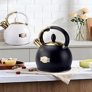 SUSTEAS Stove Top Whistling Tea Kettle - Food Grade Stainless Steel Teakettle Teapot with Cool Touch Ergonomic Handle, With 1 Silicone Pinch Mitt Included, 2.64 Quart(BLACK)