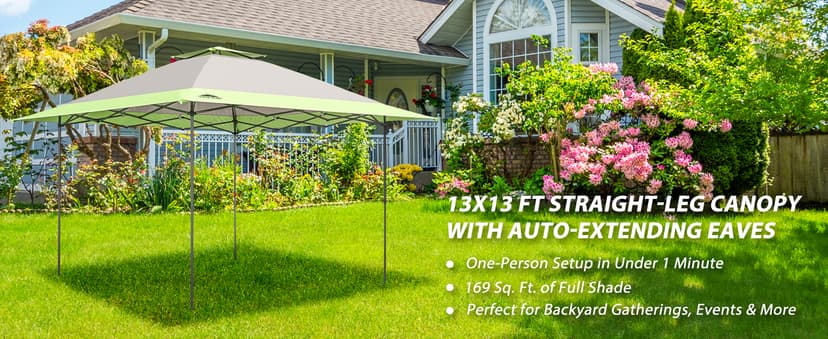 EAGLE PEAK 13x13 Straight Leg Pop Up Canopy Tent Instant Outdoor Canopy Easy Single Person Set up Folding Shelter w/Auto Extending Eaves 169 Square Feet of Shade (Light Blue)