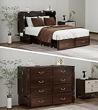 Murphy Bed Cabinet Full with Tri-Folding Mattress, Solid Wood Murphy Bed with 2 USB & 2 Charging Ports, Large Storage Drawer for Home Office or Small Space, Ebony Wood Color