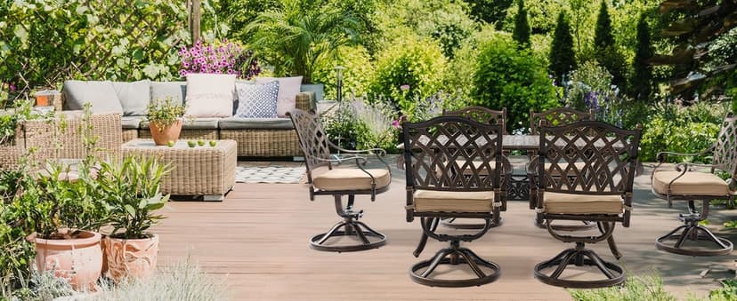 9 Piece Cast Aluminum Outdoor Dining Set, Retro Patio Dining Furniture Set for 8 Includes 86” Table 2 Swivel & 6 Stackable Lattice Chairs with Cushions and 2“ Umbrella Hole for Porch Poolside Garden