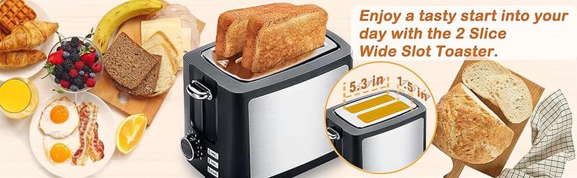 Toaster 2 Slice Wide Slot Toaster Best Rated Prime Displav Smart Toasters with LCD Digital Countdown Timer and Bagel/Defrost/Cancel/Reheat Function