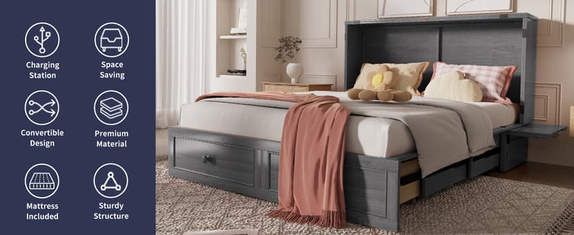 ijuicy Murphy Bed Queen with Foam Mattress, Convenient Murphy Bed Cabinet with Charging Station & Storage Board, Bed That Folds into Cabinet with Large Storage Drawer for Bedroom,Guest Room(Grey)