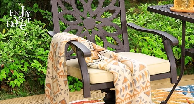 PHI VILLA Cast Aluminum Patio Dining Set for 6 Person, 7 Piece Outdoor Patio Set with 64" x 37" Cast-Top Aluminum Table(2.3" Umbrella Hole), 4 Dining Chairs and 2 Swivel Rockers with Seat Cushions