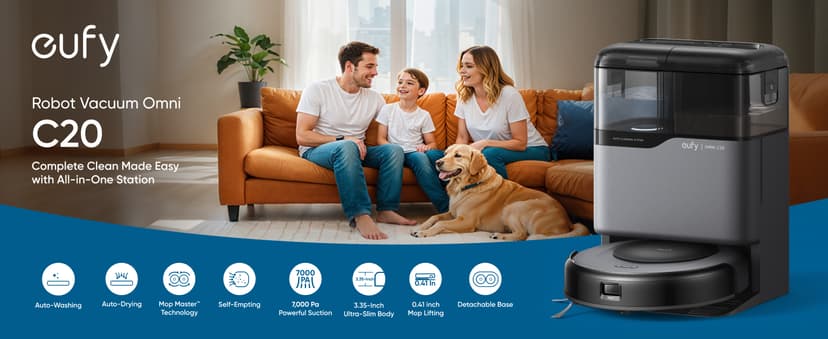 eufy Robot Vacuum Omni C20, Robot Vacuum and Mop Combo, Self Emptying, Auto Mop Washing and Auto Drying for Hands-Free Cleaning, 7000 Pa Powerful Suction, 3.35-Inch Design, All-in-One Station