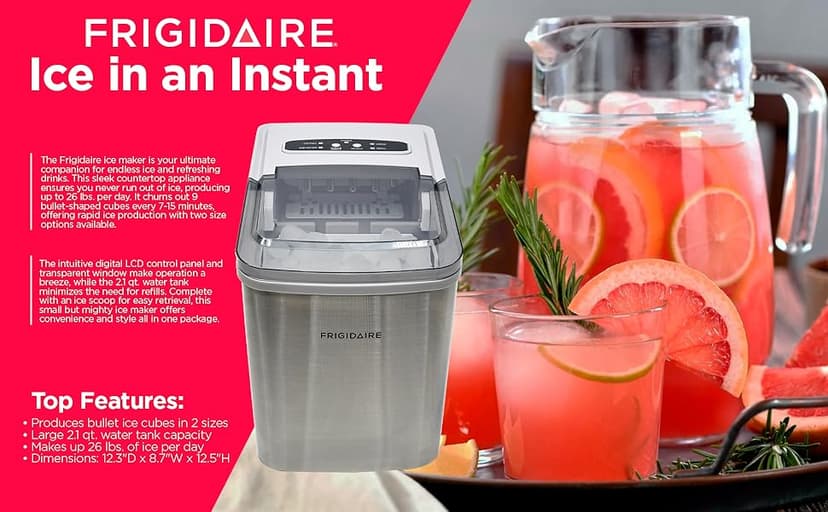Frigidaire 26 Lbs per Day Portable Compact Maker, Ice Making Machine, Stainless, Medium