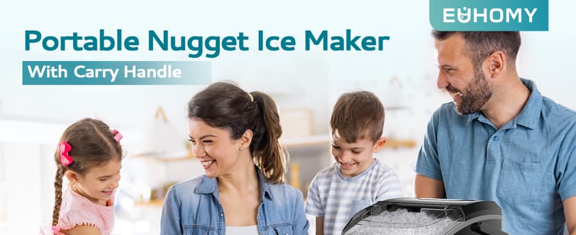 EUHOMY Nugget Ice Maker Countertop with Handle, Ready in 6 Mins, 34lbs Per Day, Removable Top Cover, Auto-Cleaning, Portable Sonic Ice Maker with Basket and Scoop, for Home/Party/RV/Camping (Black)