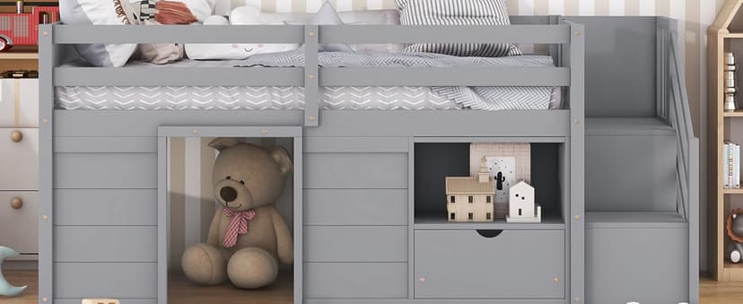 Bellemave Twin Size Low loft Bed for Kids,Wood Loft Beds,Modern Farmhouse Twin loft Bed,Loft Bed with Storage, No Box Spring Needed,for Kids,Gray