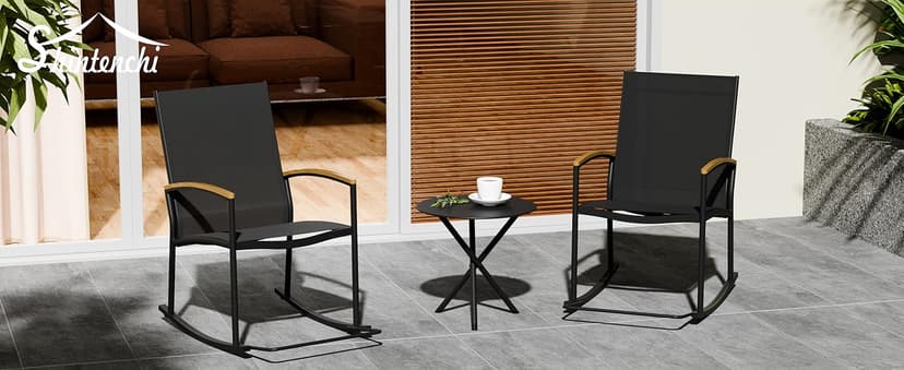 Shintenchi 3 Piece Outdoor Rocking Bistro Set, Textilene Fabric Small Patio Furniture Set, Front Porch Rocker Chairs Conversation Set with Table for Lawn, Garden, Balcony, Poolside (Black)