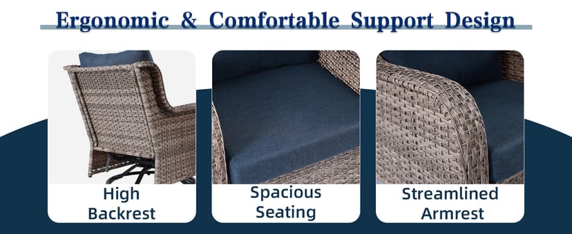 6 Piece Patio Furniture Set with Swivel Chairs, Side Table & Ottomans, Outdoor Conversation Set for Backyard, Deck, Porch, Poolside - Blue Comfortable Cushions in Mixed Grey Wicker