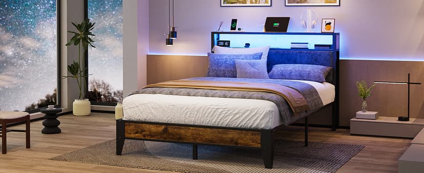 OLEVS Full Bed Frame with Headboard, Metal Platform Bed Full Size with 2-Tier Storage, LED Light & Charging Station Type C, No Box Spring Needed