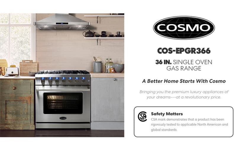 COSMO COS-EPGR366 36 in. Haven Collection 6.0 cu. ft. Gas Range, 6 Burners, Convection Oven, Knob LEDs, Storage Drawer, Stainless Steel