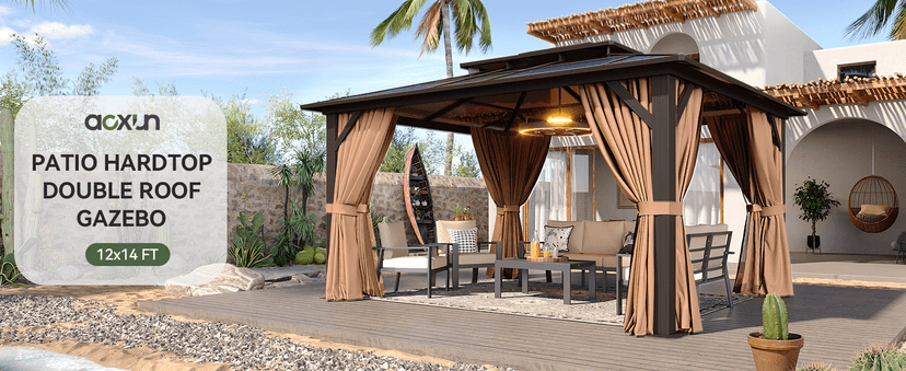 Aoxun 12'x10' Hardtop Gazebo, Aluminum Frame Permanent Pavilion with Curtains and Netting, Outdoor Polycarbonate Double Roof Canopy, Designed for Garden, Lawns, Patio, Brown