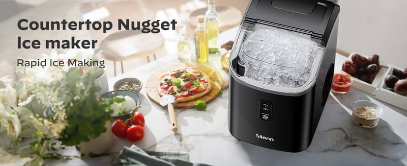 Nugget Ice Maker Countertop, Silonn Chewable Pellet Ice Machine with Self-Cleanin Function, 33lbs/24H Portable Ice Makers for Home Kitchen Officce, Black