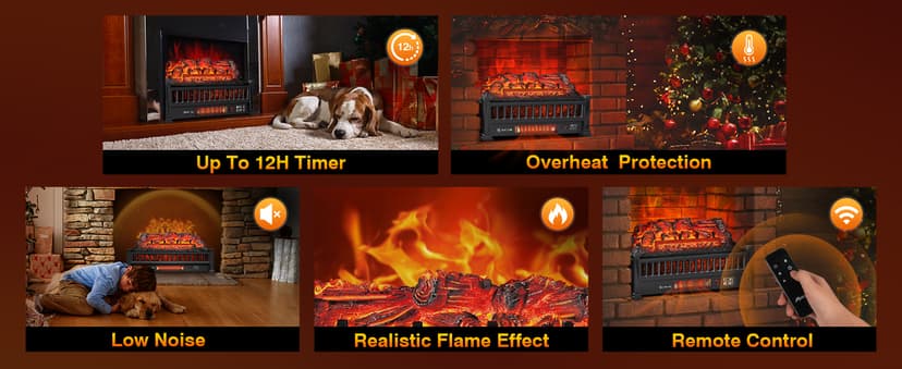 Electric Fireplace Logs 20-Inch, Remote Controller Fireplace Insert Log Heater, Adjustable Flame Colors, Realistic Fake firewood Flame, Overheat Protection, Timer, Thermostat, 1500W Black