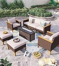 Sophia & William Patio Furniture Set with 56" Fire Pit Table, 10PCS Outdoor Wicker Sectional Conversation Set with 3-Seater Sofa, 2-Seater Couch, 2 Ottoman & FirePit Table(Beige)