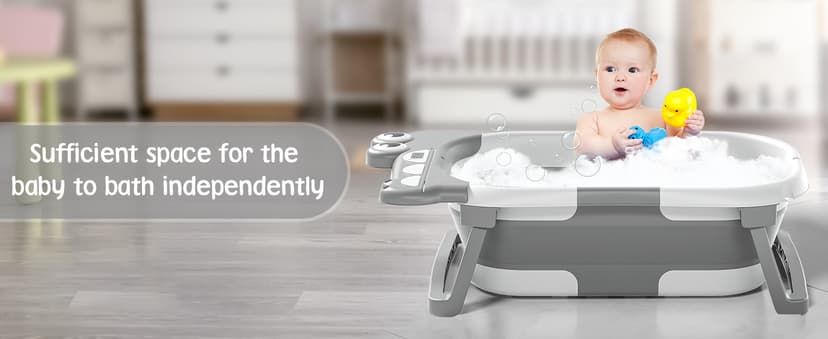 MoreFeel Collapsible Baby Bathtub for Newborn with Thermometer & 1 Hooded Towel & 1 Soft Floating Cushion,Portable Travel Bathtub with Drain Hole, Durable Foldable Baby Tubs for Infants to Toddler