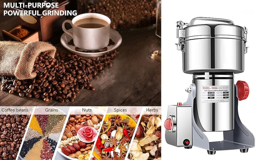 Electric Grain Grinder Mill 1000g High-speed Spice Herb Mill Commercial Powder Machine for Dry Cereals Grain Herb Spice Coffee Corn Bean CE approved (1000g Stand Type)
