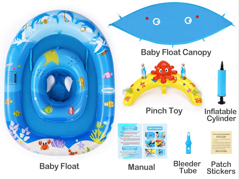 EZIGO Baby Pool Float with Canopy UPF50+ Sun Protection, Inflatable Kids Pool Floats with Ocean Animal Toys for Baby 6-36 Months, Infant Swimming Float with Adjustable Safety Seat for Boys Girls