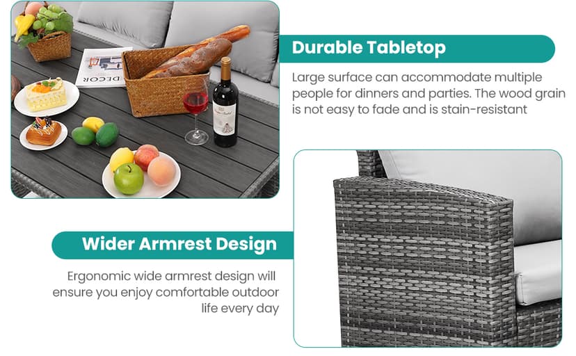 Patio Furniture Set, 7 Pieces Outdoor Patio Furniture with Dining Table&Chair, All Weather Wicker Conversation Set with Ottoman,Grey (Include Sofa Dust Cover)