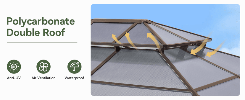 Aoxun 12'x10' Hardtop Gazebo, Aluminum Frame Permanent Pavilion with Curtains and Netting, Outdoor Polycarbonate Double Roof Canopy, Designed for Garden, Lawns, Patio, Brown