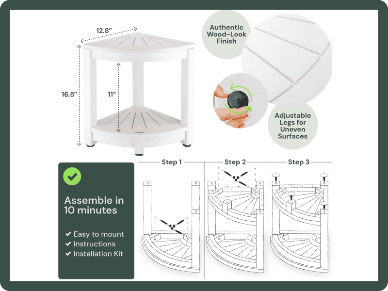 Waterproof Corner Shower Stool - Brown Waterproof Shower Bench for Shaving Legs & to Sit On - Easily Assembled Corner Bench & Shelf - Restroom Organizer - Bathroom Stool