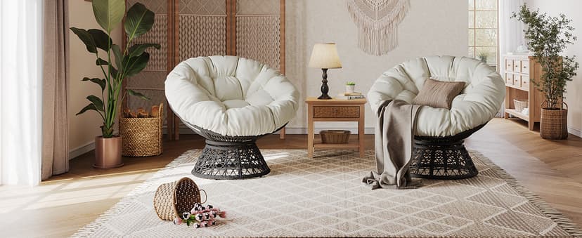 Yaheetech Indoor Papasan Chairs with Thick Tufted Cushions and Frame, Swivel Wicker Ergonomic Lounge Reading Chairs for Living Room/Bedroom, Beige