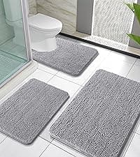 OLANLY Bathroom Rugs Sets 3 Piece, Soft Absorbent Microfiber Bath Mats and U-Shaped Contour Toilet Rug, Plush Shaggy Bath Mat Set for Bathroom (30"x20"+24"x16"+24"x20", Grey)