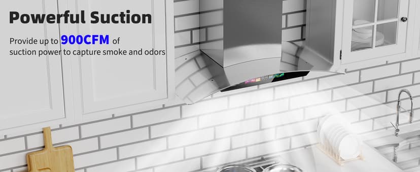 30 inch Wall Mount Range Hood Tempered Glass 900 CFM, Voice/Gesture/Touch Control, Stainless Steel Kitchen Hood Vent with 4 Speed Exhaust Fan, Adjustable Lights, Memory Mode