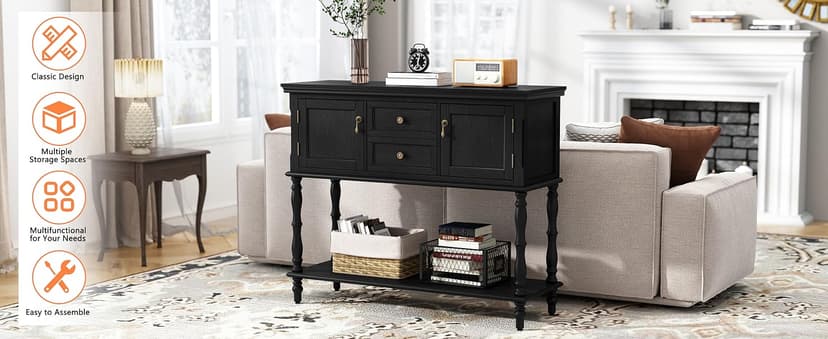 ARTPOWER Console Table with 2 Drawers, Retro Entryway Table with 2 Door Cabinets and Open Storage Shelf, Narrow Long Behind Couch Sofa Table for Living Room, Foyer, Hallway, Black