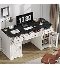56" Large Modern Executive Desk, Farmhouse Computer Desk with File Drawers, Wood Home Office Desks with Charging Station, Adjustable Shelf, Storage Cabinet, for Writing Work Study (Black)