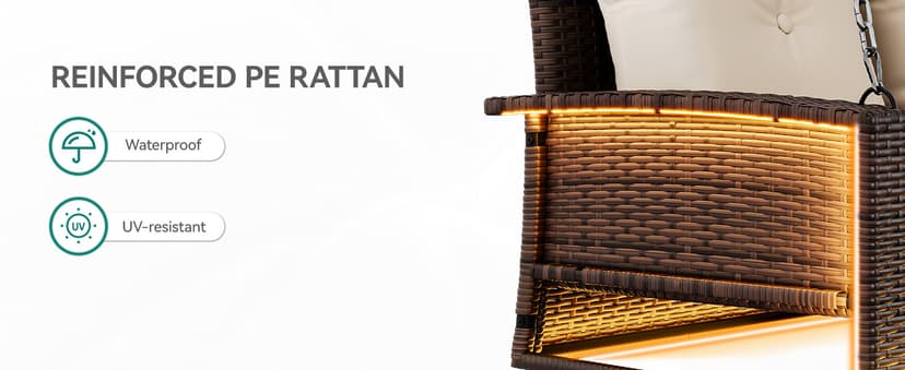 YITAHOME 3 Seats Patio Porch Swing, Outdoor Wicker Hanging Bench Rattan Chair Seat with LED Lights & Soft Cushions for Outside, Garden, Backyard, Lawn, Light Brown & Beige