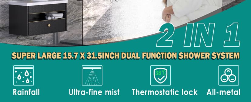 HOMEDEC Luxury Matte Black Shower System, Multi Functions 15.7x31.5inch Mist Rain Shower Head System with Full Body Sprays Jets, Rainfall Ceiling Thermostatic Shower Faucet Set