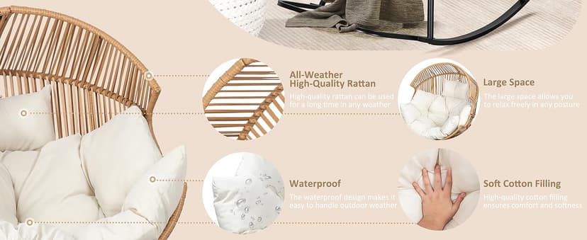 Shintenchi Wicker Egg Chair,Oversized Outdoor Indoor Rocking Chair,Large PE Rattan Rocking Chair with Cushion for Patio, Balcony, Backyard, Garden, Beige