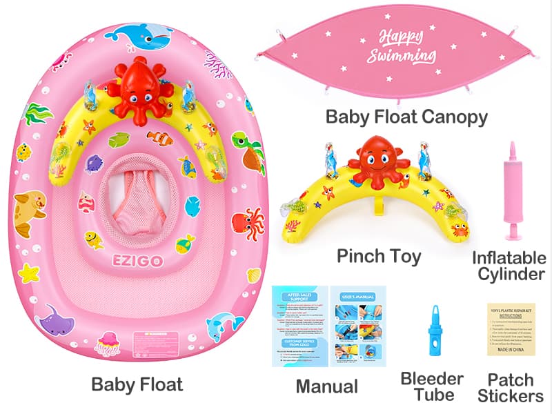 EZIGO Baby Pool Float with Canopy UPF50+ Sun Protection, Inflatable Kids Pool Floats with Ocean Animal Toys for Baby 6-36 Months, Infant Swimming Float with Adjustable Safety Seat for Boys Girls