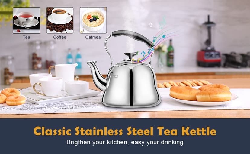 Tea Kettle Stovetop Whistling Teakettle ClassicTeapot Stainless Steel Tea Pots for Stove Top with Heat-resistant Folding Handle Mirror Finish, 2 liters