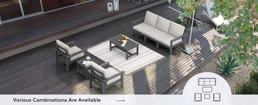 SERWALL HDPE Patio Furniture Set, 7-Piece Outdoor Sectional Sofa Set, All Weather Outdoor Couch Set for Deck, Lawn, Grey Frame with Khaki Cushion