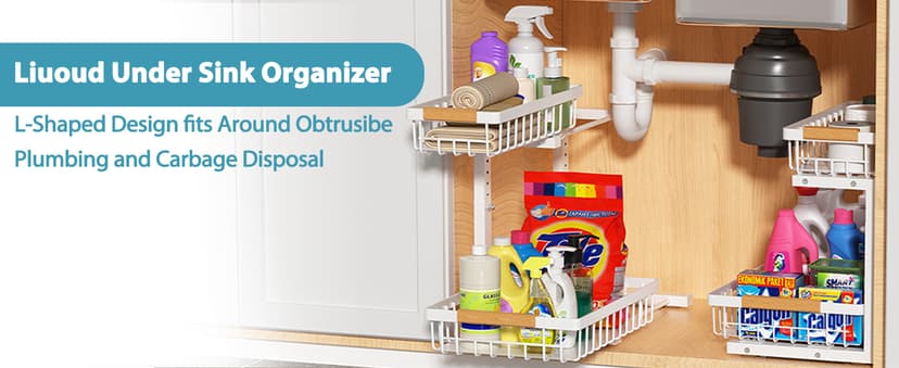 Under Sink Organizer 2 pack, 2 Tier Slide Out Under Sink Organizers And Storage, Height Adjustable Pull Out Cabinet Drawers, Kithcen Bathroom Metal Storage Caddy Shelf, White