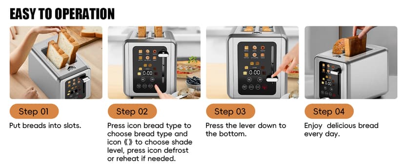 Touch screen Toaster 2 slice,Stainless Steel Digital Timer Toasters with Sound Function,6 Bread Types & 6 Shade Settings,Smart Extra Wide Slots Toaster with Bagel,Defrost Functions