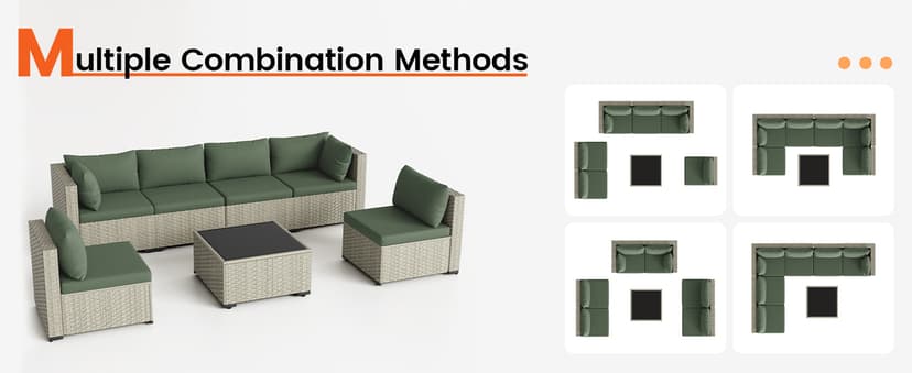 Patio Furniture Set, 7-Piece Outdoor Sectional All-Weather Wicker Patio Conversation Set for Backyard (Green Cushions with Grey Rattan)