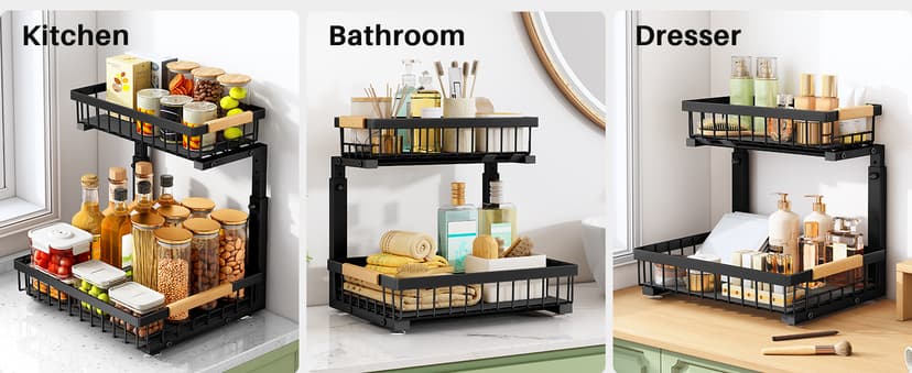 Under Sink Organizer, 2 Packs 2 Tier Under Sink Organizers and Storage, Slide Out Pull Out Cabinet Organizer Shelf, Metal Sliding Drawer for Kitchen Bathroom Pantry Cabinet Closet Organization Rack