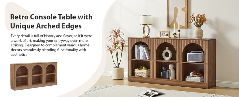 Console Table with 3-Tier Open Storage, 63" Arched Entryway Table with Carved Fluted Panels, Rectangular Wooden Sofa Table for Living Room, Hallway, or Behind Couch (1, Walnut)